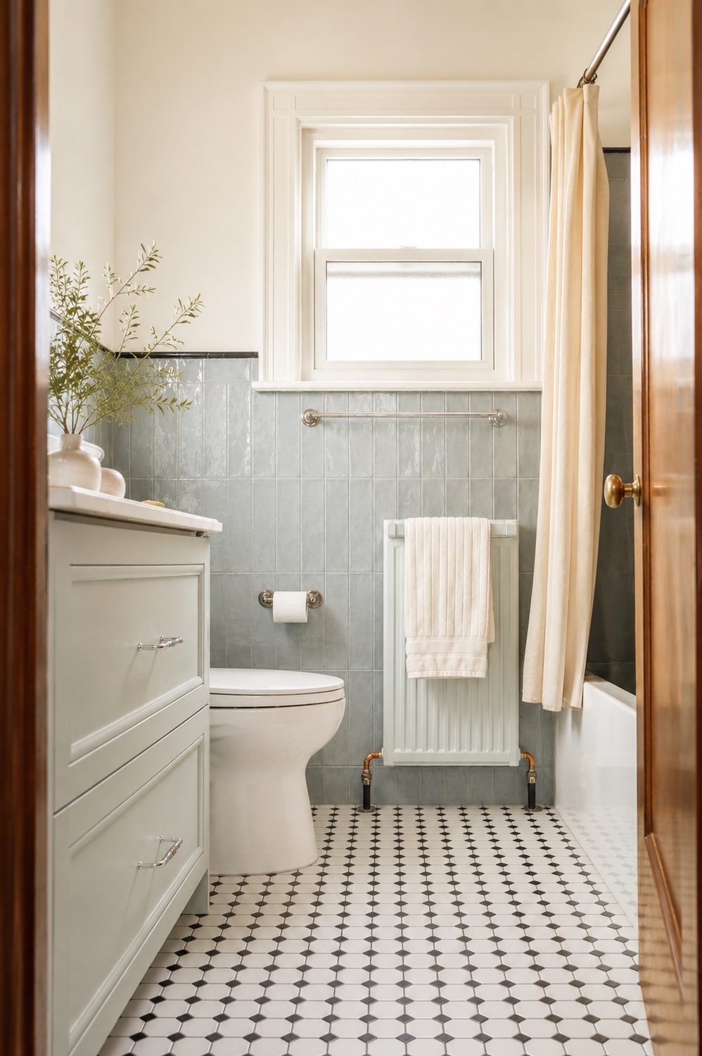 Classic bathroom with sage tile and patterned floor — Toronto interior design by Erica Yolevski Design Studio