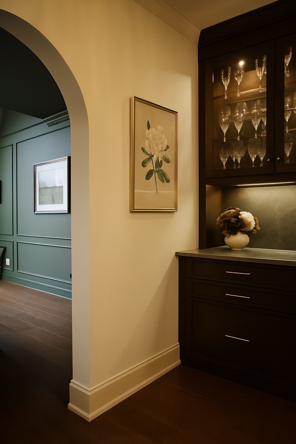 Dining room archway with glass bar cabinet and green paneling — Toronto interior design by Erica Yolevski Design Studio