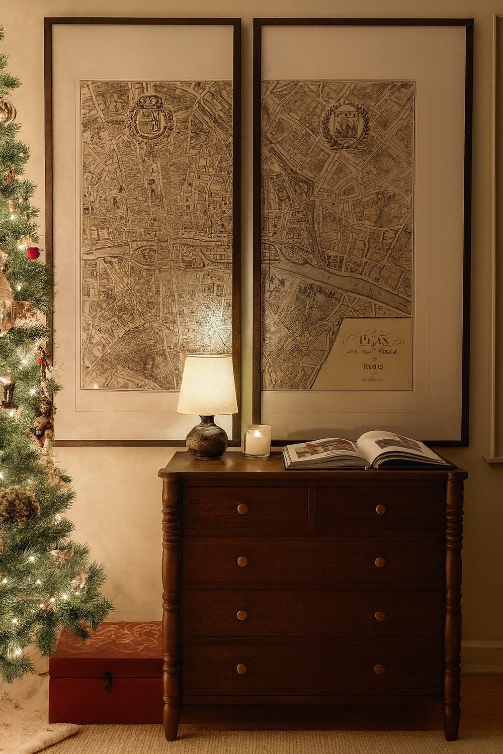 Entryway with framed Paris maps and antique dresser — Toronto interior design by Erica Yolevski Design Studio