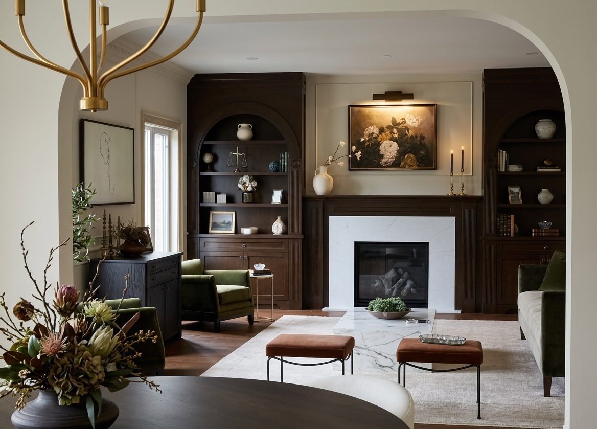 Formal living room viewed through an arch — Midtown Toronto interior design by Erica Yolevski Design Studio
