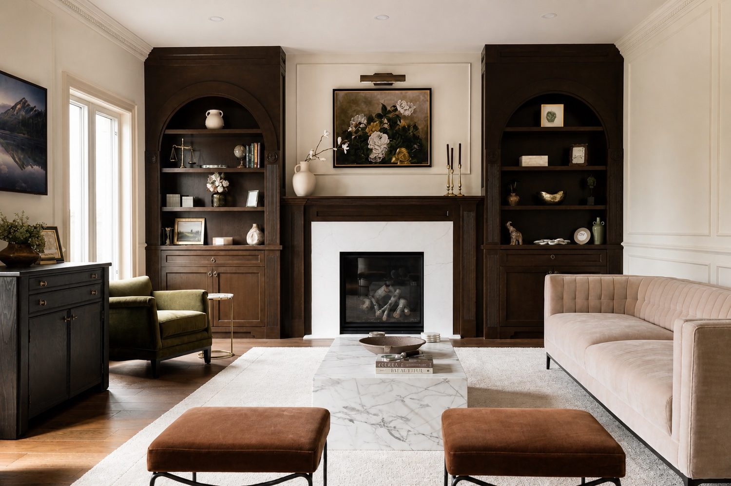 Lawrence Park living room with dark built-ins and marble fireplace — virtual online e-design by Erica Yolevski Design Studio Toronto