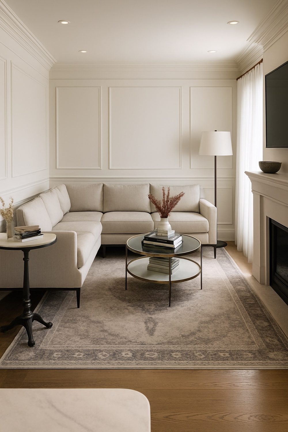 Light-filled living room with sectional and fireplace — Midtown Toronto virtual interior design by Erica Yolevski Design Studio
