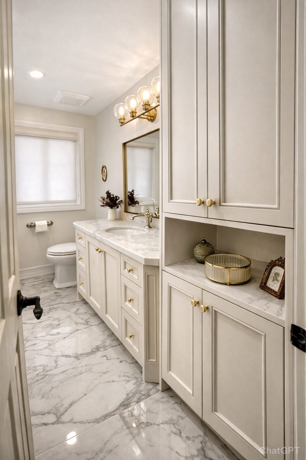Marble bathroom with custom vanity and built-in cabinetry — Toronto interior design by Erica Yolevski Design Studio