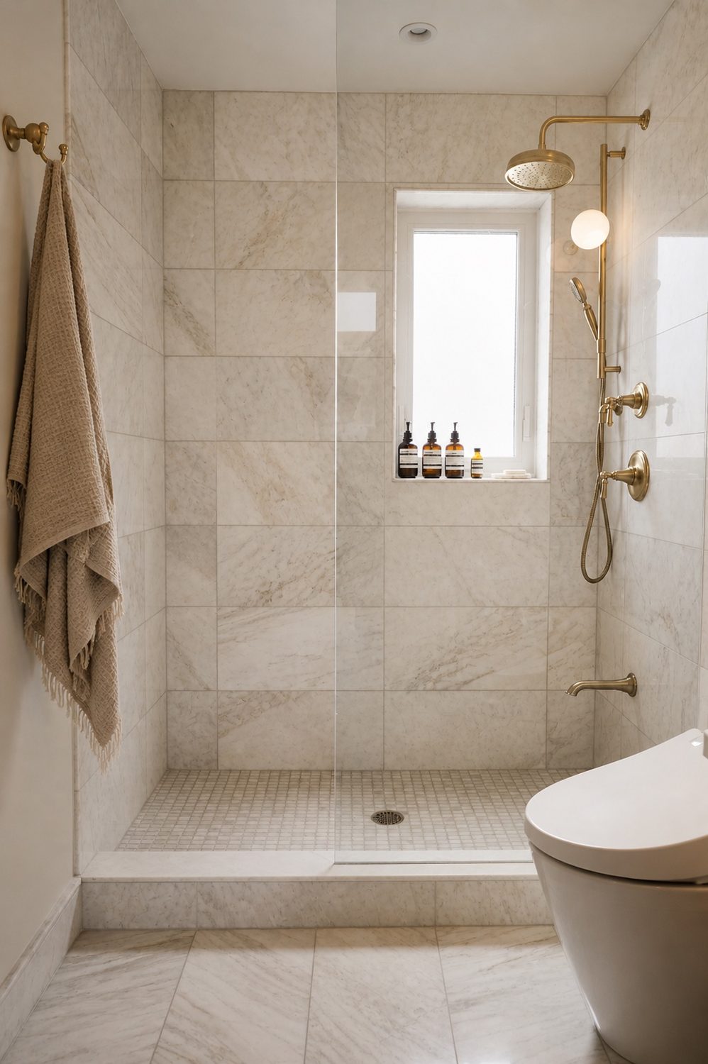 Marble walk-in shower with brass rainfall fixture — Midtown Toronto virtual interior design by Erica Yolevski Design Studio