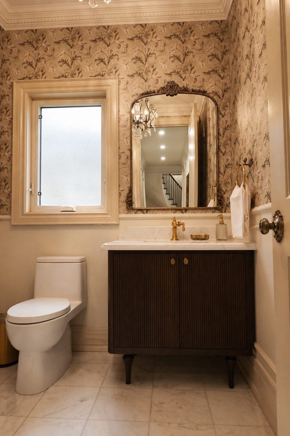 Powder room with arched mirror and floral wallpaper — Toronto Midtown interior design by Erica Yolevski Design Studio
