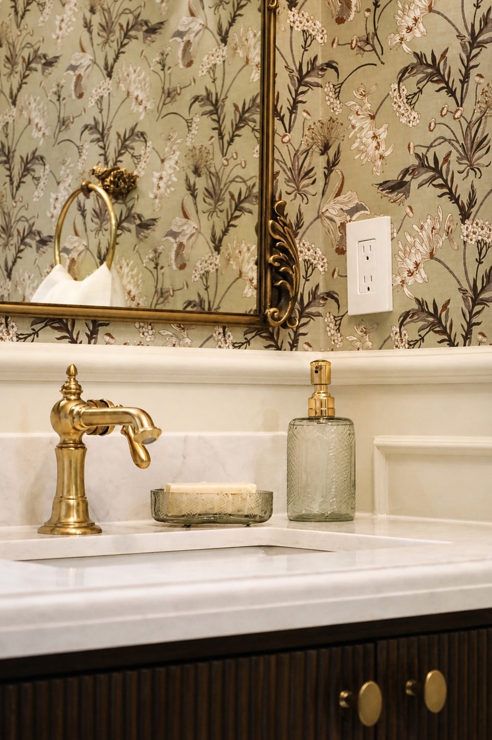 Powder room with floral wallpaper and brass faucet — virtual interior design for Midtown Toronto by Erica Yolevski Design Studio